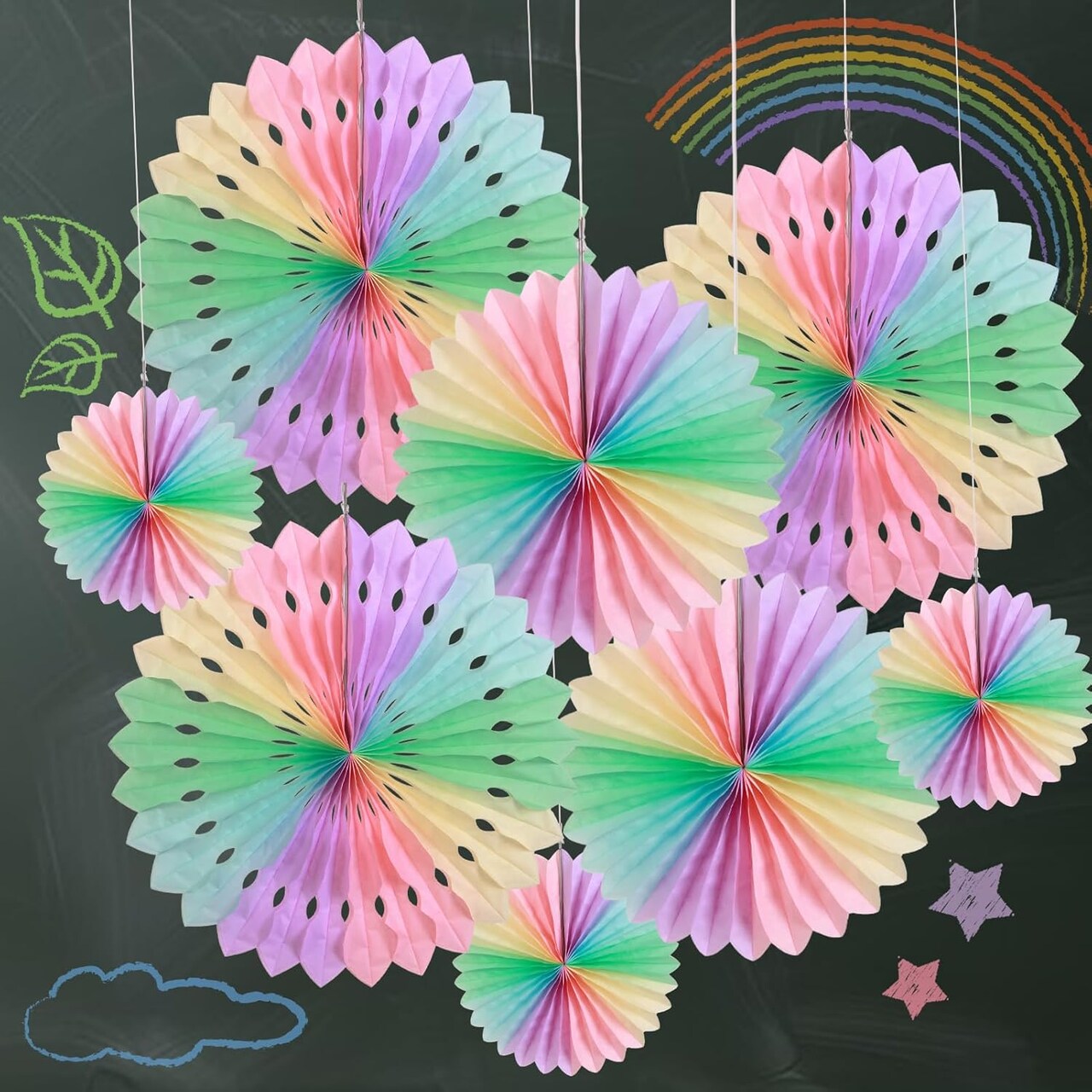 11-Piece Pastel Paper Fan Set | Rainbow Macaron Color-Blocking Hanging Flowers for Wall Decor, Tea Party, Wedding, Spring Birthday, Classroom & Baby Shower Backdrop